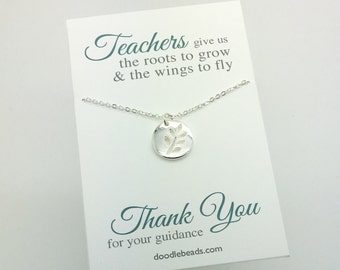 Teacher Gifts - branch Twig leaf necklace silver-carded "Teachers give us the roots to grow... " thank you gift for teachers