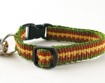 Kitty Cat Collar Hand Woven Breakaway Kitten Collar Olive Green Rust and Yellow Stripe