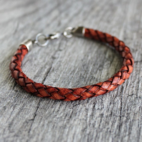Mens Red Leather Braided Bracelet Sterling by LynnToddDesigns