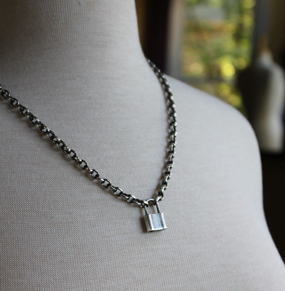 Padlock Pendant Necklace Mens Silver Chain Necklace