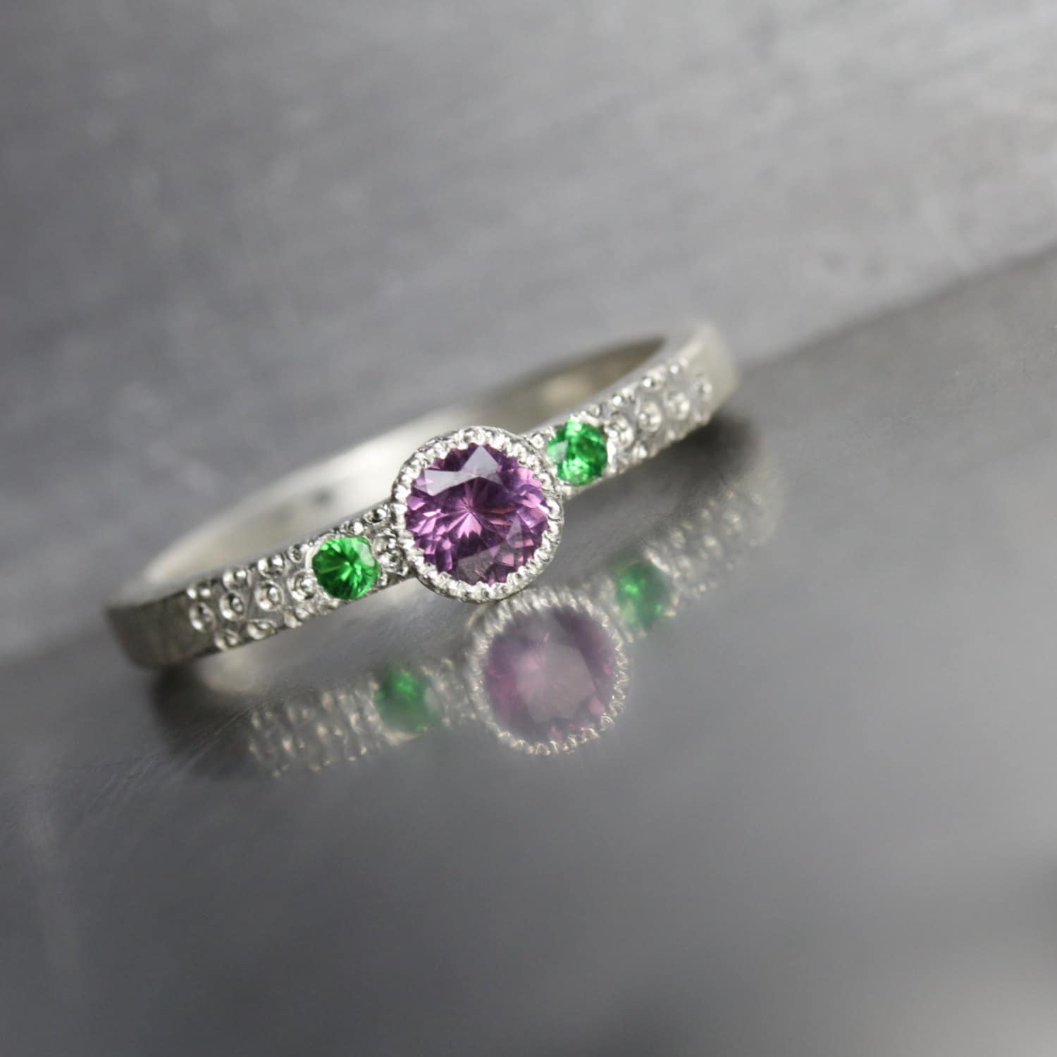 Purple Spinel Green Tsavorite Engagement Ring Silver