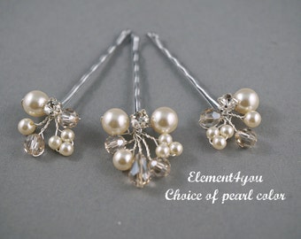 Bridal Bobby Pins, Blonde clip, Ivory Champagne hair clips, Wedding Accessories, Pearl crystals hair clips, Gold hair clips, Set of 3 clips