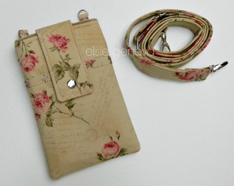 Vintage Rose Phone Case Pink & Natural Tan with Wristlet and or Interchangeable Shoulder Strap iPhone 6 Plus Samsung Note 4