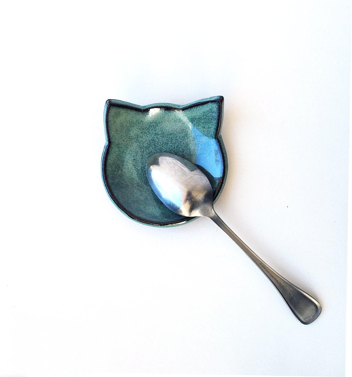 Turquoise Aqua Cat Spoon Rest Ceramic Pottery Jewelry