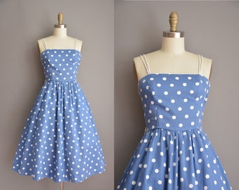 vintage blue cotton polka dot full skirt summer sun dress