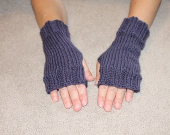 Hand Knit Fingerless Mittens/Texting Gloves-Purple 100% Wool Wrist Warmers