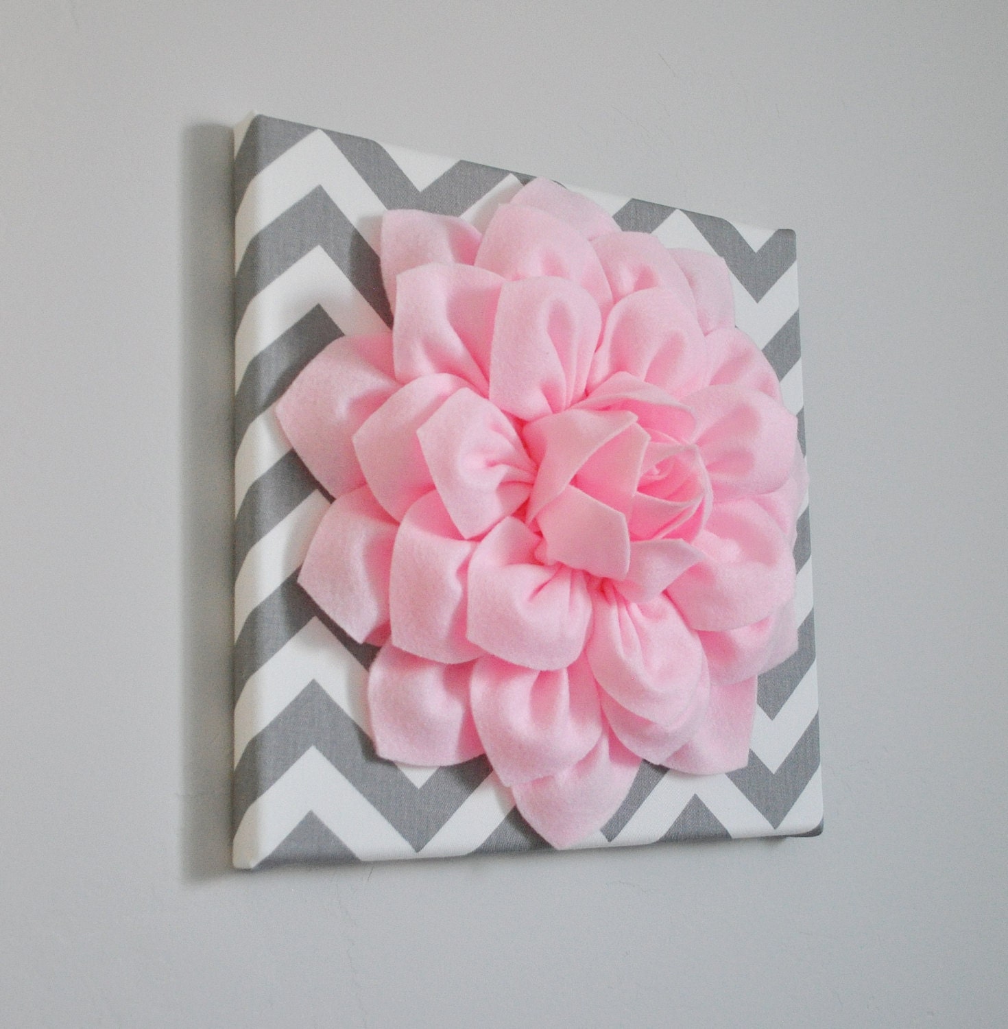 Wall Art Light Pink Dahlia on Gray and White Chevron 12