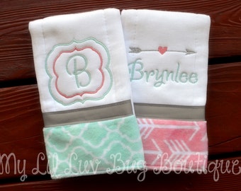 Personalized Burp cloth set - prefold diaper burp cloths - burp rags - monogrammed burp cloths - set of two - baby gifts personalized - girl