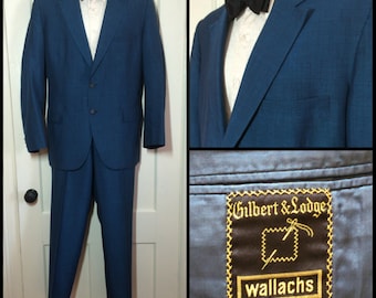 1950's Blue 2 piece Sharkskin Suit Dinner Jacket looks size Large, cuffed Trousers size 36x31 1960's