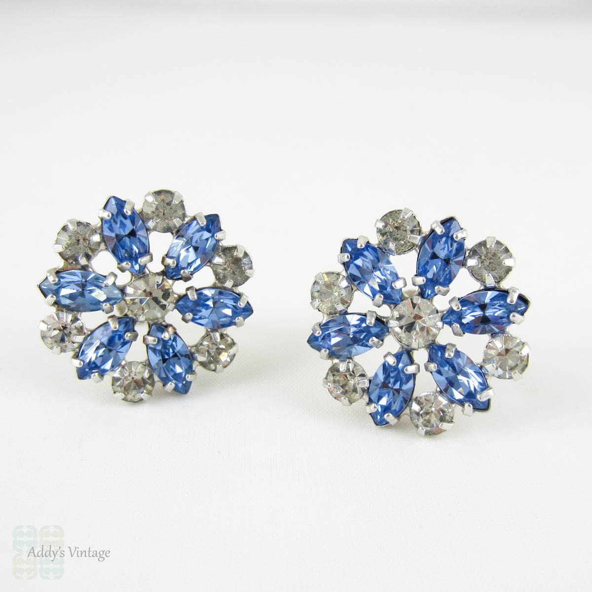 Vintage Rhinestone Clip On Earrings Floral Design Blue & by Addy