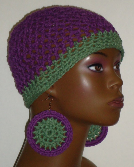 CLEARANCE Cotton Crochet Skull Cap Beanie with Earrings by