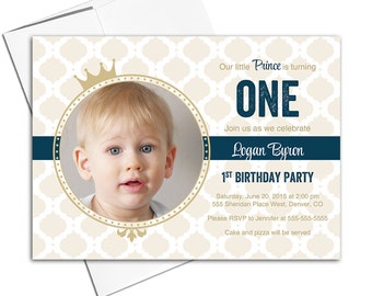 boys 1st birthday Invitations boys | prince theme birthday | navy and gold invitations | 1st birthday invites - WLP00302