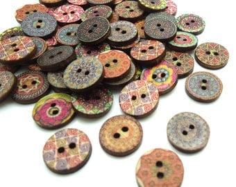 20 x Floral Hippy Pattern Buttons - Wooden Buttons - 15mm