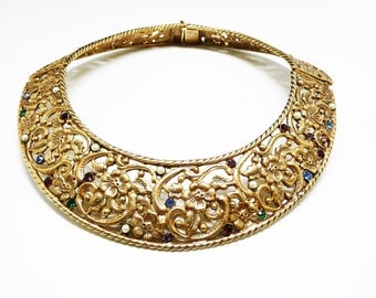 Vintage Collar Necklace - Hinged Wide Collar Necklace with Opened Work Floral Design, Rhinestones and Pearls; Etruscan Renaissance, Vintage