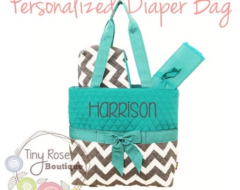 Personalized Diaper Bag -Turquoise, Grey Chevron Monogrammed Baby Tote, Changing Pad, Mommy Bag