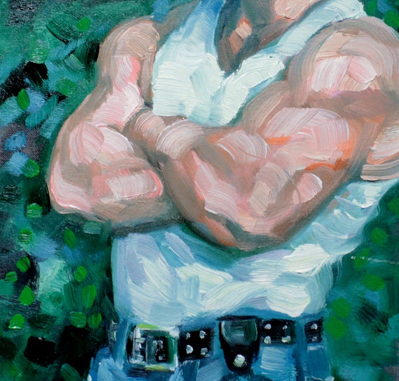 Blue Jean Bear, oil on canvas panel, 11x14 inches by Kenney Mencher (gay art)