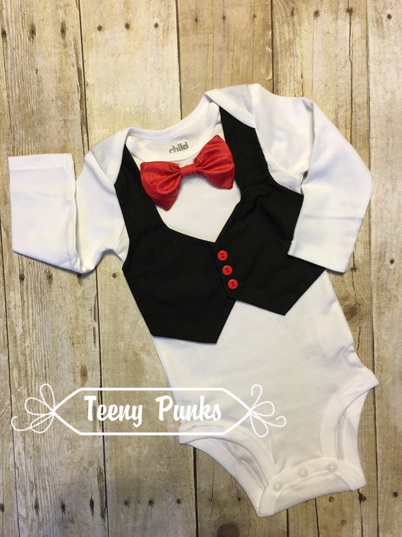 Items similar to Tuxedo onesie. Black vest and Red bow tie. on Etsy