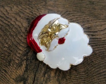 Santa Brooch Enameled Metal and Gold Tone Santa Head Christmas and Holiday Brooch