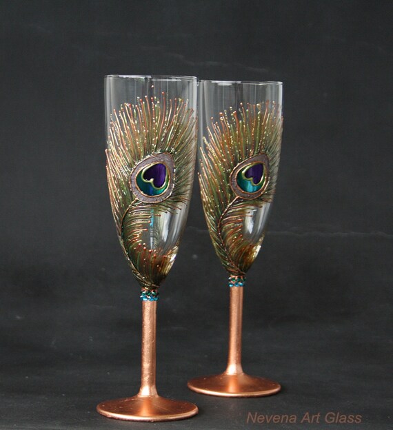 COPPER Peacock Feathers Wedding Toasting Champagne Flutes Hand