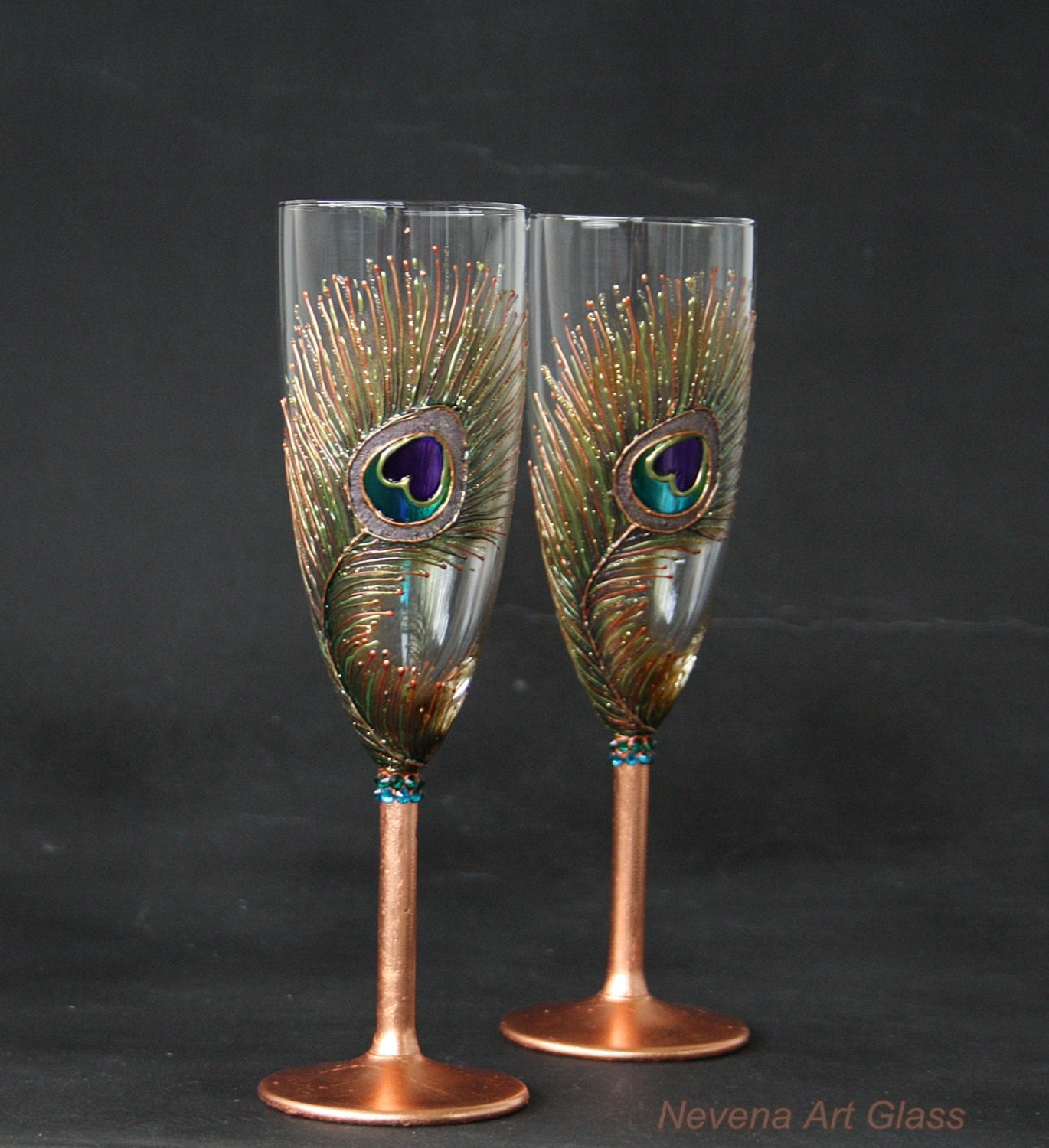 Copper Peacock Feathers Wedding Toasting Champagne Flutes Hand