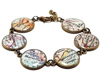 Custom Vintage Map Bracelet. You Select Six Worldwide. Map Jewelry. Travel Map Jewellery. Location Bracelet. Travel Bracelet. Charm Bracelet