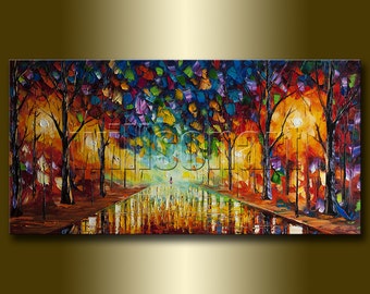 Landscape Painting Oil on Canvas Rainy Night Textured Palette Knife Contemporary Original Modern Art 20X40 by Willson Lau