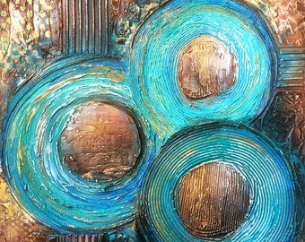 TEXTURED Abstract Painting Original 24x24 Acrylic on Canvas. Earth Tones, Teal & Brown Fine Art by Maria Farias
