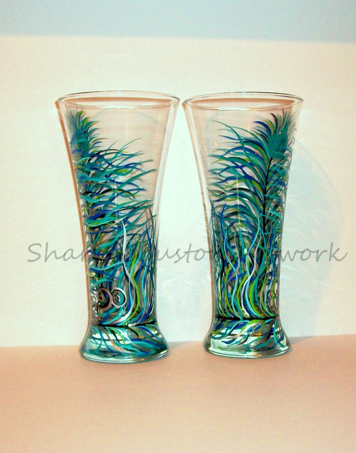 Peacock Feather Hand Painted Beer Glasses 2 19 Oz Flared Tall