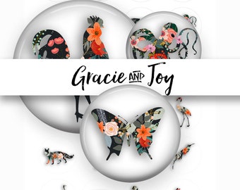 Animal Silhouette- Boho- Floral -Digital Collage Sheet- 20 mm circle Cabochon- Instant download-Magnets-Buttons-Image template