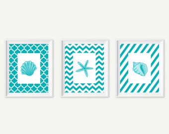 Seashell Art , Teal Beach Decor, Sea shell Prints, Beach Wall Art, Sea shells home decor, Seashells Starfish Print Set of 3