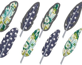 Feathers, single feathers embroidery designs collection, 4 types in multiple sizes - 4, 5, 6 and 7 inches applique