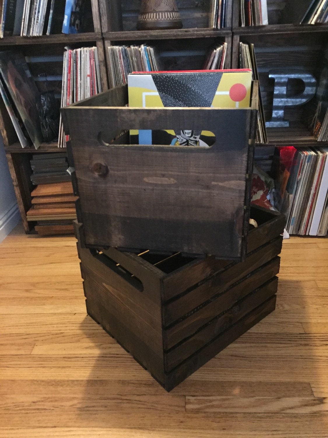 SET OF 2 Handmade Wood Record/Vinyl/LP Crates Dark Walnut