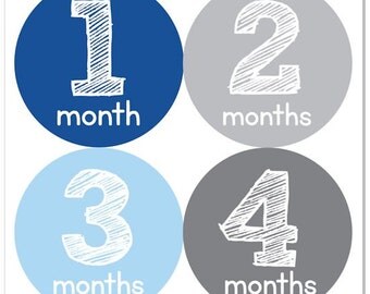 Baby Month Stickers, Monthly Baby Boy Stickers, Baby Month Milestone Stickers - Baby Boy, Baby Shower Gift, Grey, Blue