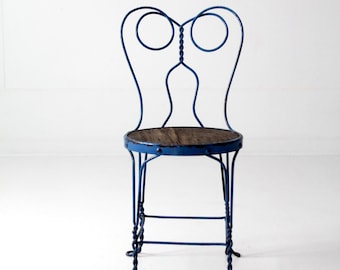 vintage ice cream parlor chair, blue iron cafe chair, metal bistro chair