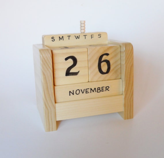 Perpetual Desk Calendar, Wooden Block with moveable peg or golf tee