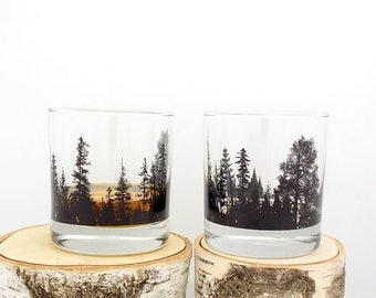 Whiskey Glasses - Forest Landscape - Screen Printed Tumbler Glasses - Set of two 11oz. Tumblers