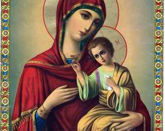 Digital image Virgin Mary Baby Jesus Icon Antique Lithoprint Beautiful colors
