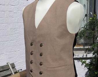 mens steampunk Waistcoat brown stripe double breasted vest chocolate satin back and lining