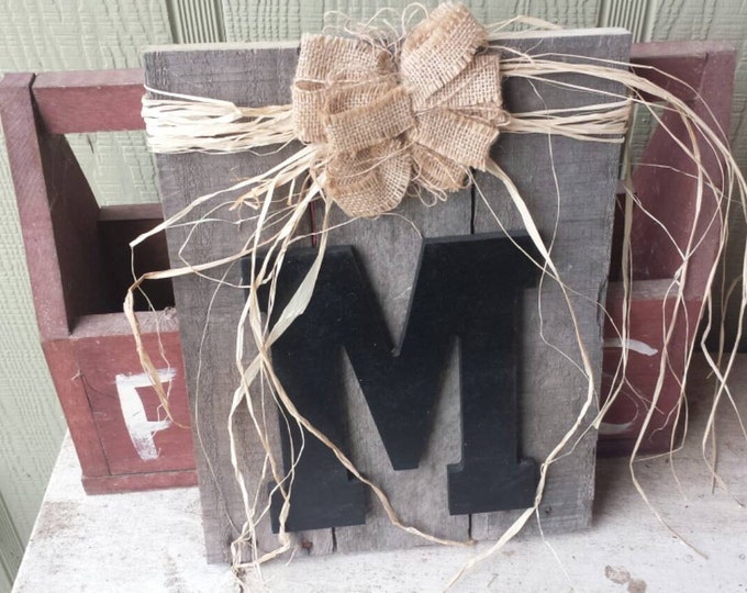 Ready to ship for holiday giving! Shabby Chic Repurposed Rustic Pallet Wood Sign with Monogram Initual and Burlap Bow and Raffia