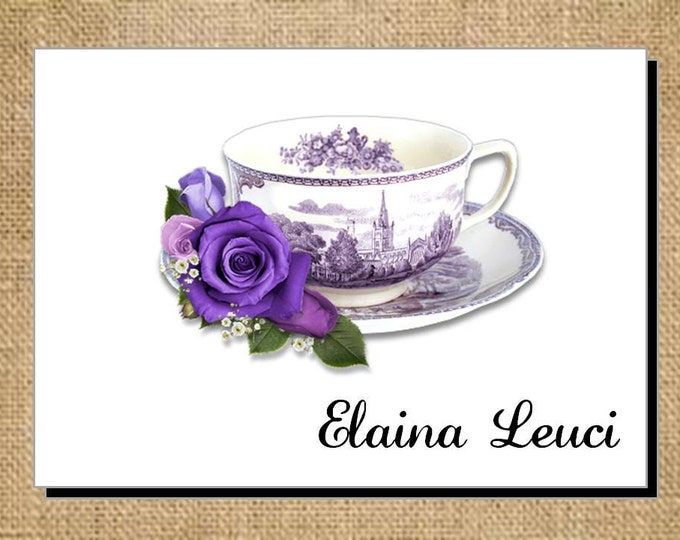 Beautiful Purple Toile Teacup Cup Tea Note Cards - Invitations - Thank You Cards for Bridal Shower or Luncheon ~ Bridal Gift