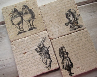 Natural stone coaster. Alice in Wonderland Coasters. Mother's Day Gift. Rustic Decor. Set of Four Coasters. Gift.