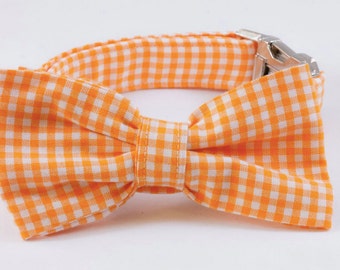 Preppy Orange Gingham Dog Bow Tie Collar, Preppy Dog Bowtie Collar, Orange Check Dog Bow Tie Collar, Plaid, Tennessee Vols