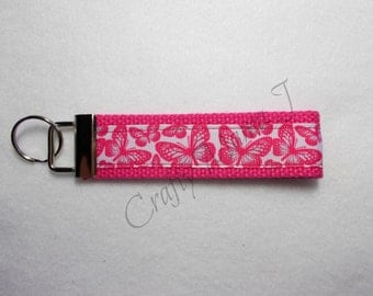 Hot Pink Butterfly Print Ribbon Key Fob Keychain Wristlet