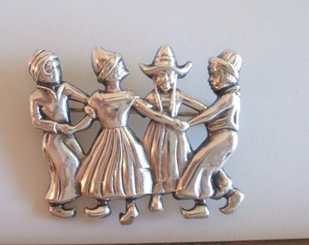 Vintage Small Sterling Silver Dutch Brooch Pin by Lang 1950's Mid-Century Dutch People Dancing in Costume Netherlands Holland Pin Brooch