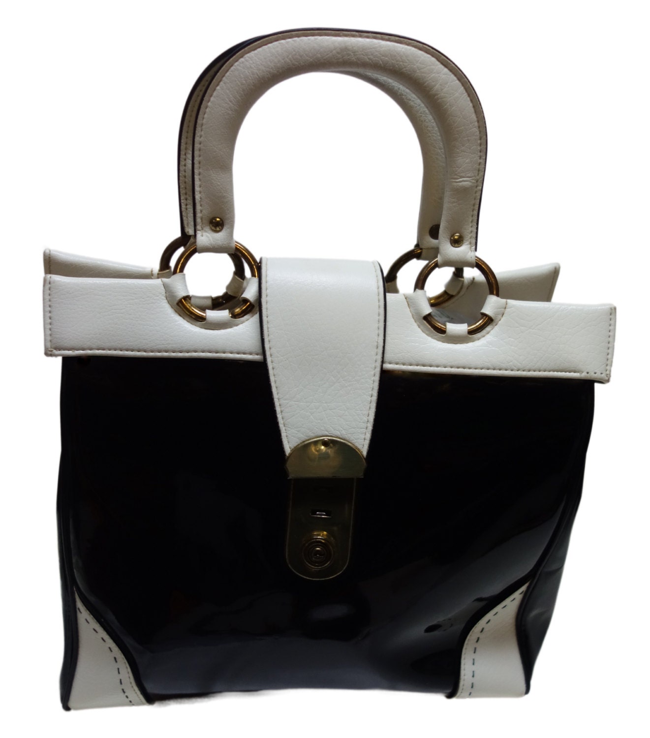Vintage Large 60s Black Patent & White Leather Tote Handbag