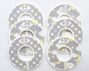 6 Baby Closet Dividers, Nursery Organizers, Moon and Stars, Clothes Closet Organizers, Infant Closets, Infant Clothes Organizers 0-18mo #701