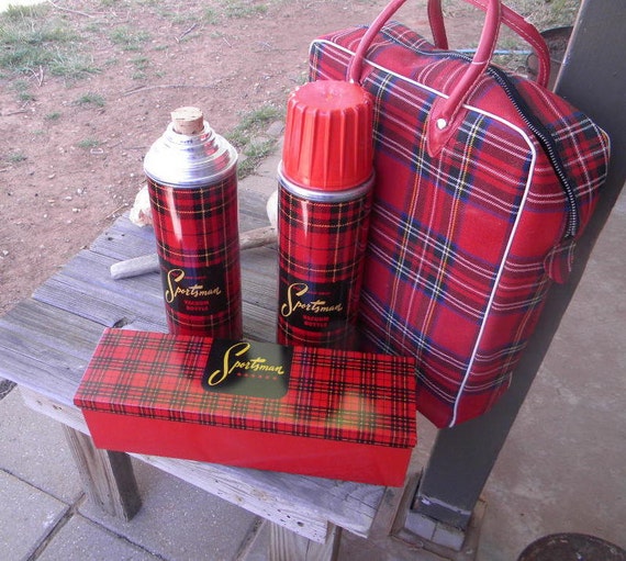 Sportsman lunch bag with thermos and tin lunch box in scotch