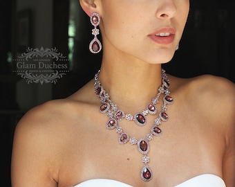 Wedding jewelry set, bridal jewelry, burgundy crystal necklace earrings, wine crystal jewelry set, evening formal jewelry, pom jewelry