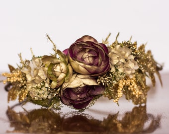 Fall Flower Crown - Golden Autumn Rustic Halo - Flowergirl hairpiece - Wedding Crown - Newborn Photo Prop - Wedding Crown - Floral Hairpiece