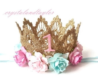 Lace Gold Crown, Light Pink, Pink and Mint Crown, Baby Girl Crown, Birthday Lace Crown, Gold Crown, Birthday Crown, Baby Crown